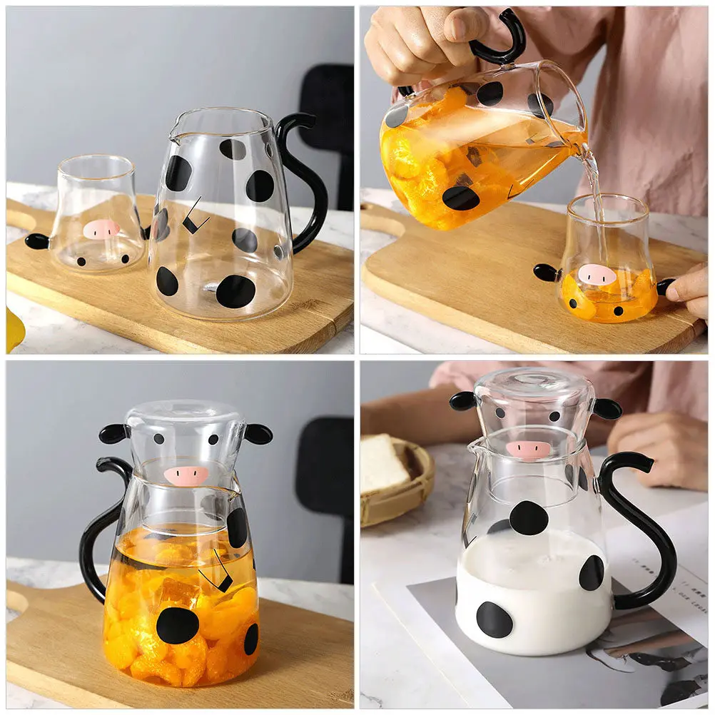 

Cartoon Cow Clear Glass Water Carafe Cute Household Milk Pitcher Lid Cup Set Large Capacity Cold Water Bottle Juice Dispenser