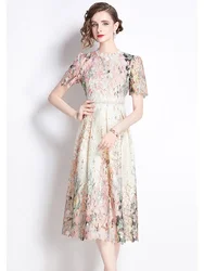 Elegant Lace Hollow Out Dress for Summer Fashion 2024 Women's Short Sleeve High Waist Lace Trim Long Dresses Female