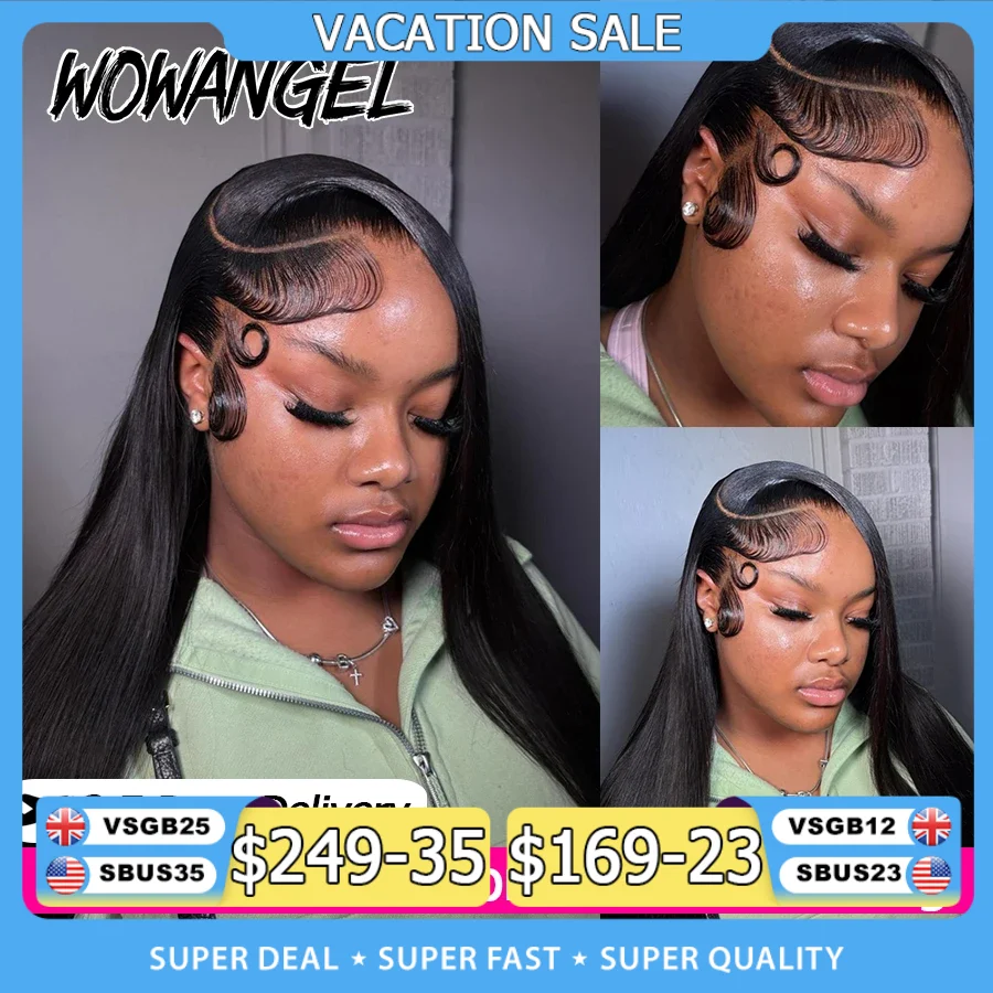 WOWANGEL Pelucas rectas con encaje frontal, 100% cabello humano, peluca frontal completa con encaje HD 13X6, pelucas de cabello humano brasileño pre-arrancadas para mujeres