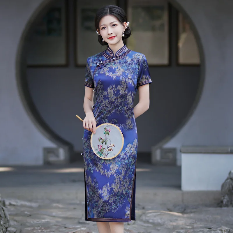 Improved Quality Real Silk Cheongsam Qipao Dress Women's High-End Heavy Cheongsam Qipao Dress Mid-Length Chinese Dress