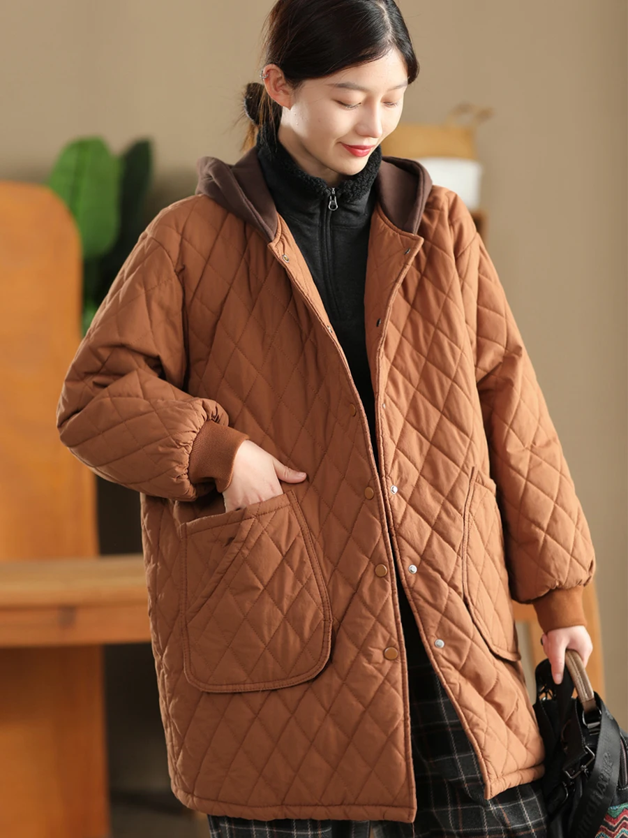 

Зимнее винтажное пальто средней длины с ромбовидным узором, хлопковое, с капюшоном, на флисовой подкладке, с большими карманами, утепленное, для повседневной носки