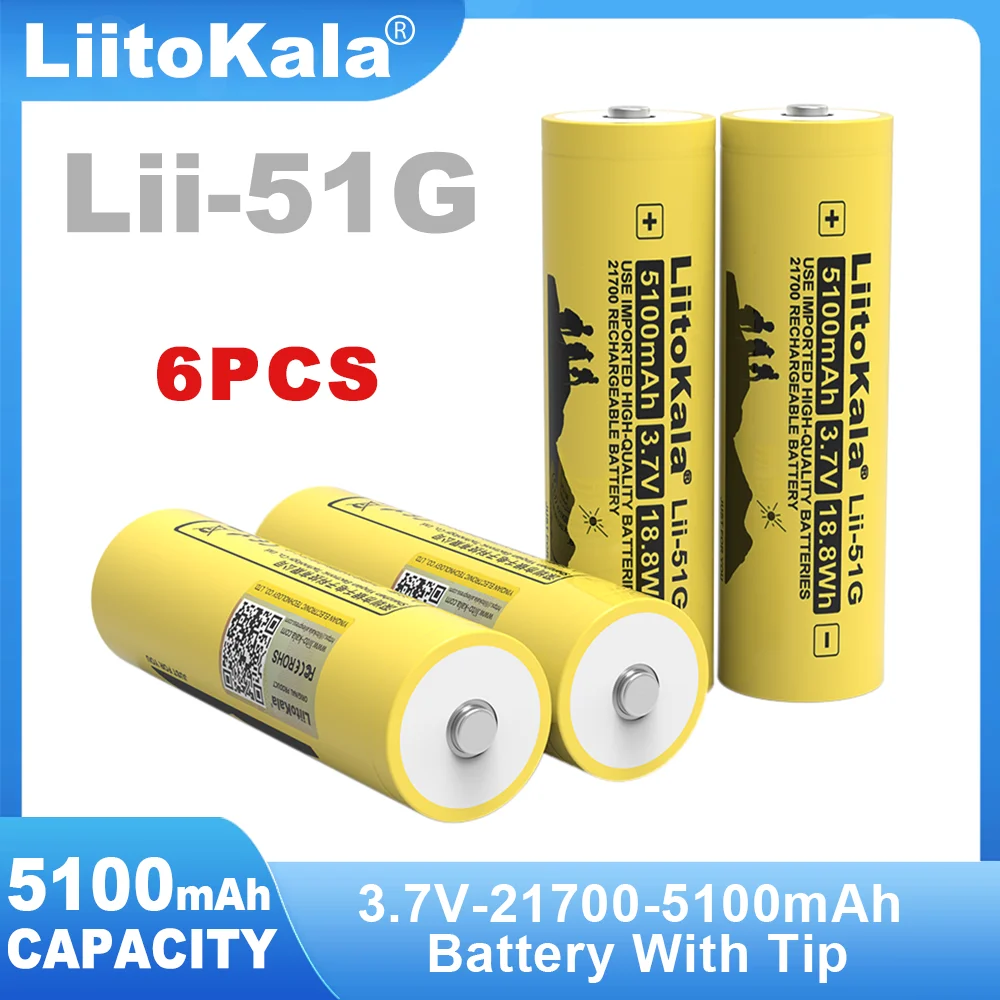 

6PCS 100% Original Liitokala Lii-51G Tip 3.7V 5100mAh 21700 For Flashinglight High-capacity Lithium