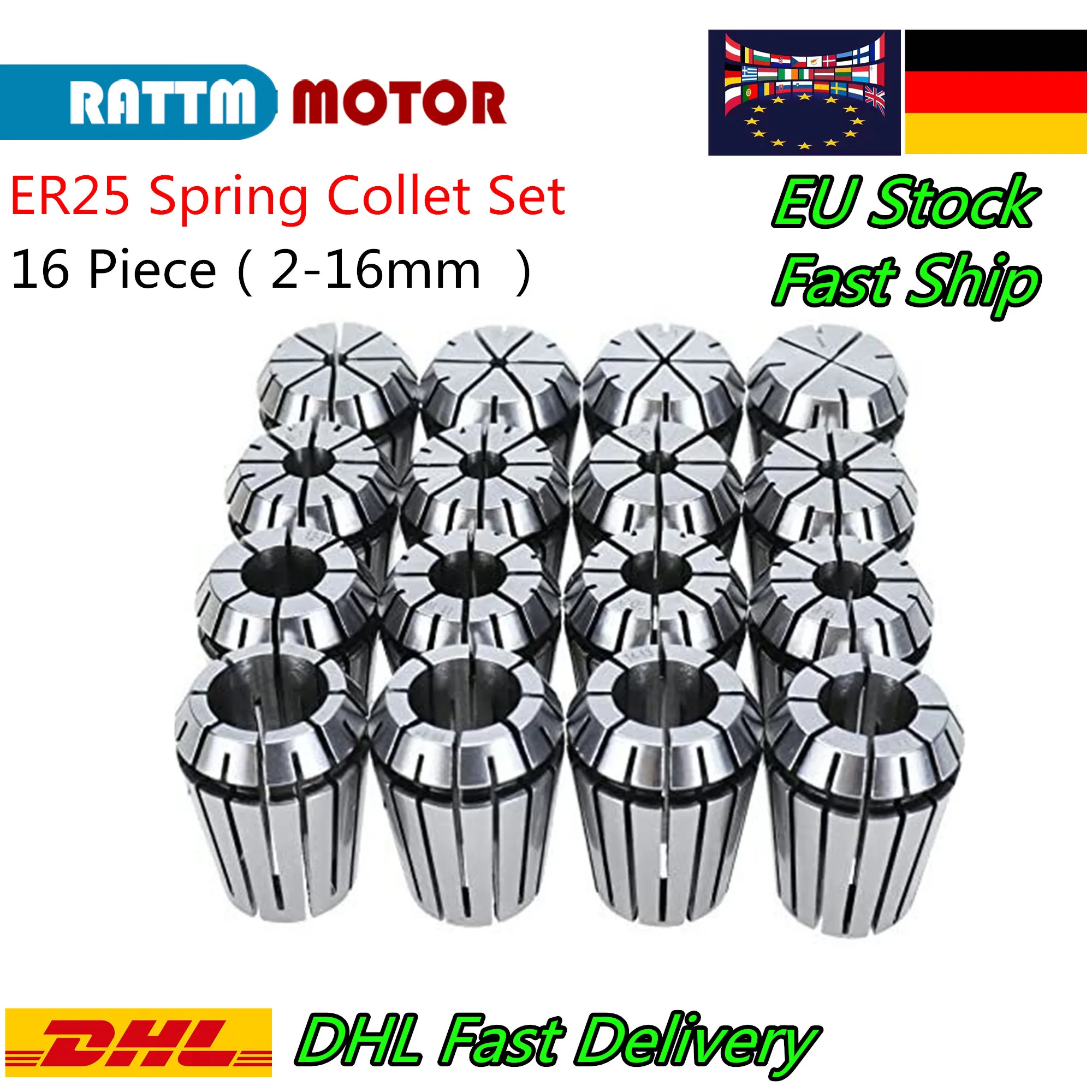 【EU Free】16Pcs Full Set ER25 2-16mm Beating 0.1mm Precision Spring Collets for CNC Spindle Milling Lathe Tool Engraving Machine