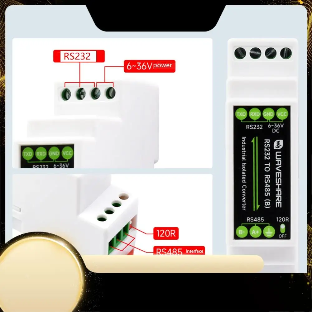 Waveshare Industrial Rail Type RS232 To RS485 Converter 300-115200Bps Active Digital Isolation Wide Voltage