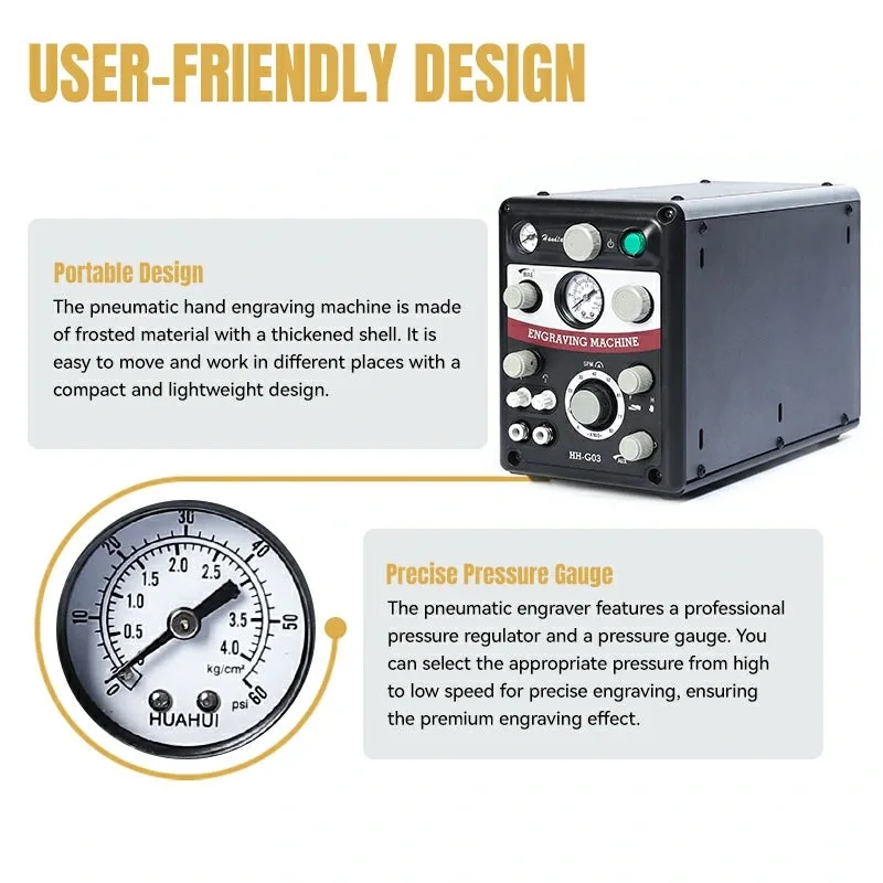 

Pneumatic Jewelry Engraver HH-G03 High Speed 400-8000RPM 0-60PSI Jewelry Crafting Details Metal Engraving Machine