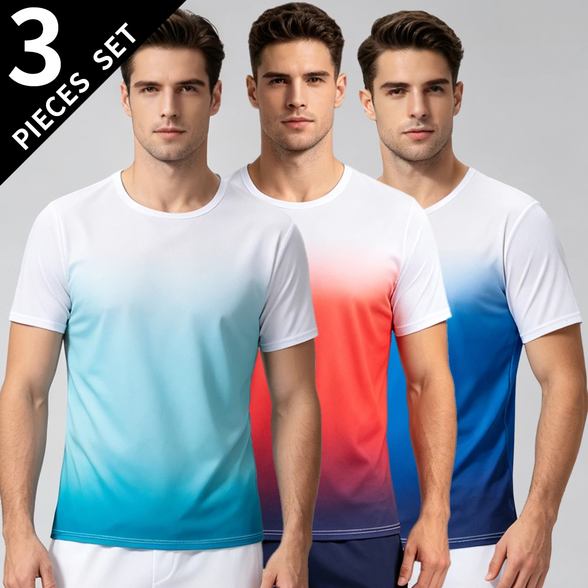 3-piece men's quick drying gradient multi-color combination short sleeved round neck comfortable casual T-shirt top for body sha