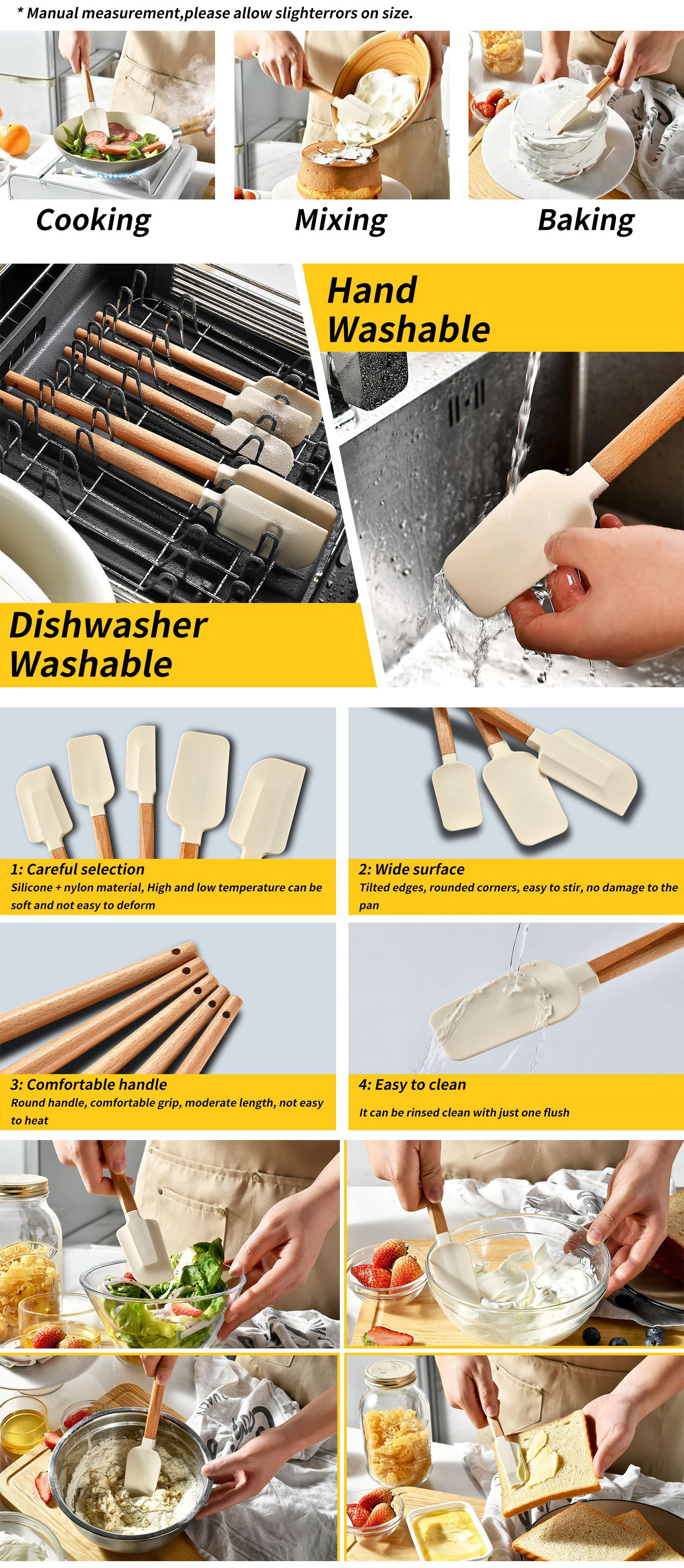 Silikon-Schaber, Schaber für Zuhause, Backen, Holzgriff, Kuchenschaber, cremefarbenes kleines Spatel-Set – Detail 7