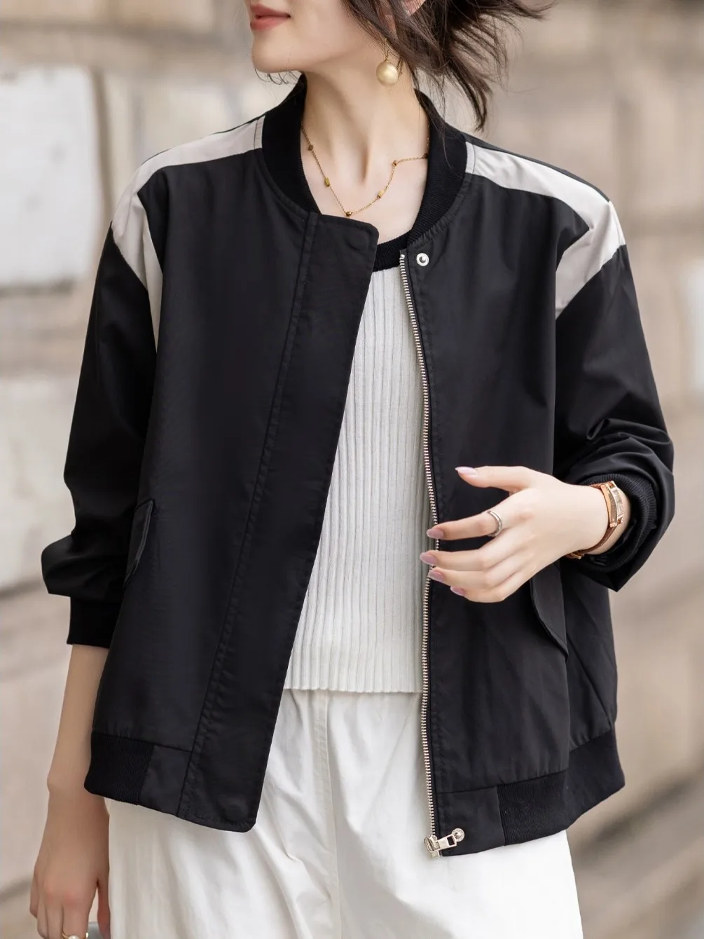 

American Sle Retro Baseball Jaet Women's Spring Autumn ort Coat Small Size Jaet Top Casual Loose Fit Long Sve Zipper