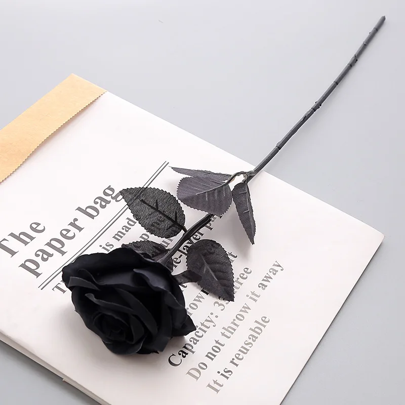 New Pure Black Single Rose Halloween Ghost Festival Horror Gothic Style Dark Bouquet Series Decoration Home Garden Room Decor