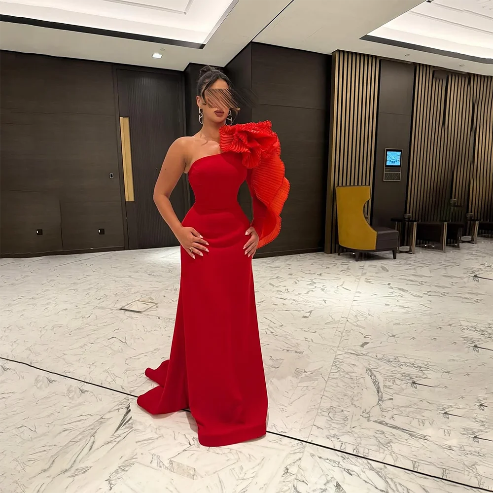 

Red Fashion Prom Dress One Shoulder Long Sleeves Ruffles Jersey Evening Gowns Mermaid Floor Length Formal Party Dress Customized