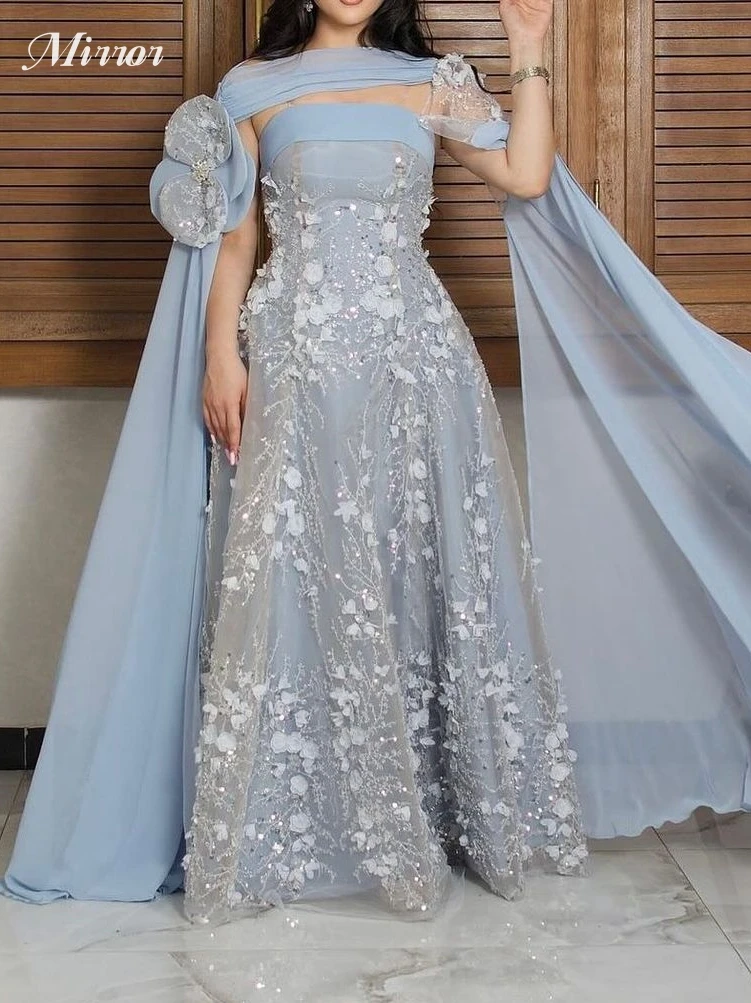 Mirror Dress Elegant Vintage Sweet Sky-Blue Beading Shiny Lace Chiffon Customize Formal Occasion Prom Dress Evening Party Gowns