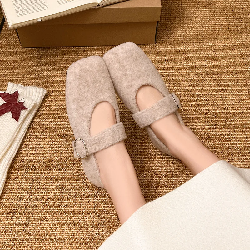 النمط الفرنسي ساحة تو أحذية النساء 2025 الخريف الشتاء موضة بلون الفم الضحلة أحذية مسطحة الرجعية تنوعا أحذية دافئة #2