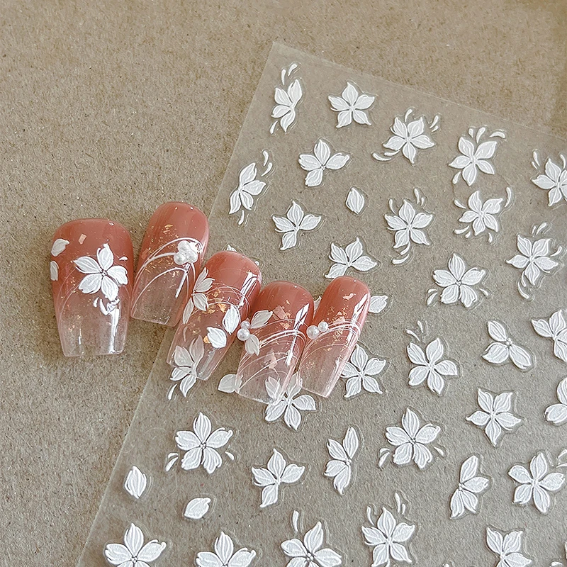 

Embossed White Flower Nail Stickers Summer Small Flower 3D Nail Art Decorations Self-Adhesive Slider Manicure Tattoo Tool Salon