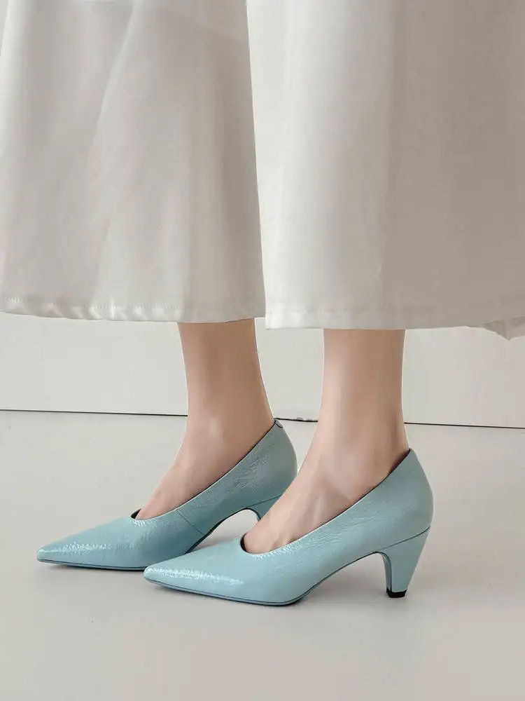 2026 Elegant Women Pointed Cone Heel Pumps Water Dyed Cow Leather Sheepskin Lining TPR Sole Office Wedding ShoesF24 Size33-40