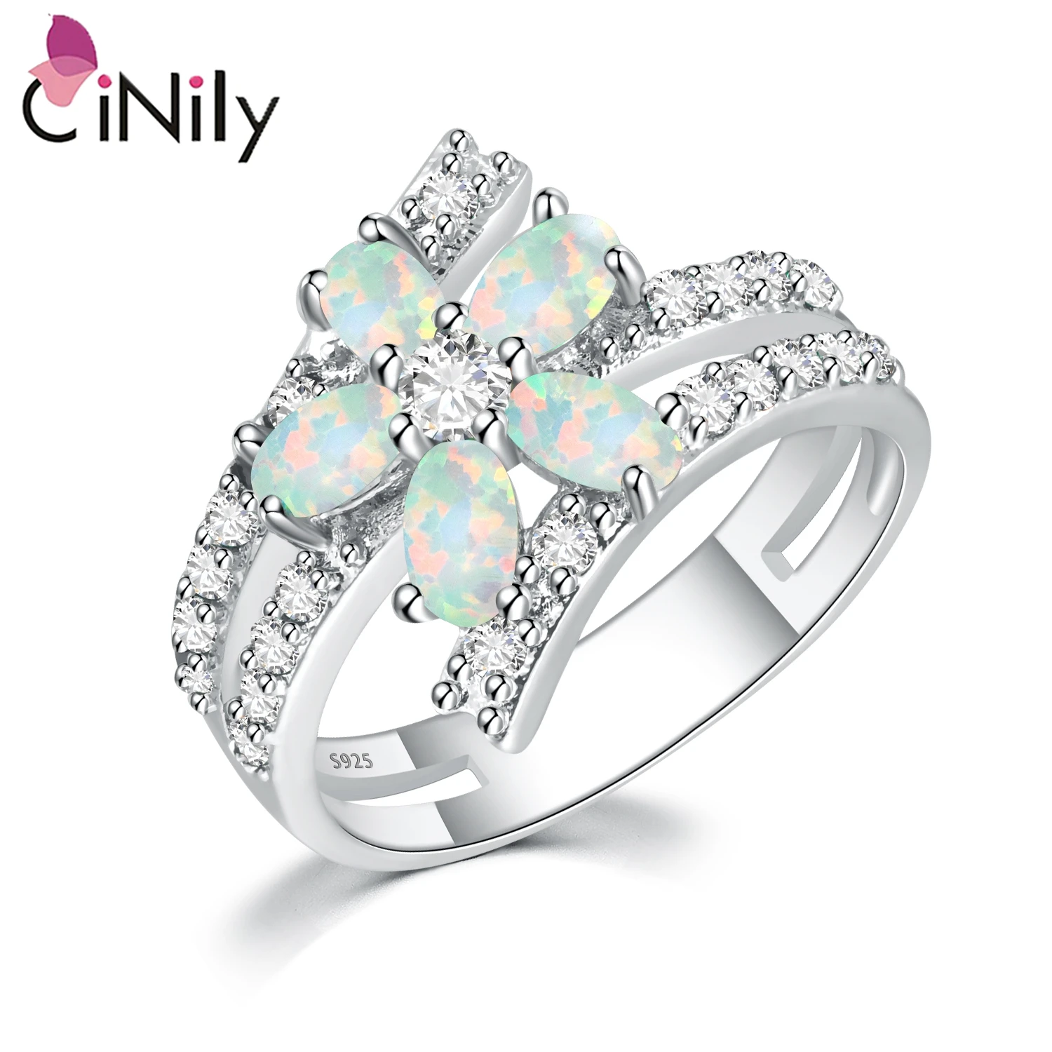 CiNily White Fire Opal Stone Rings Large Wide Filled Ring Silver Plated Flower Flora Bohemia Boho Fully-Jewelled Gifts for Women