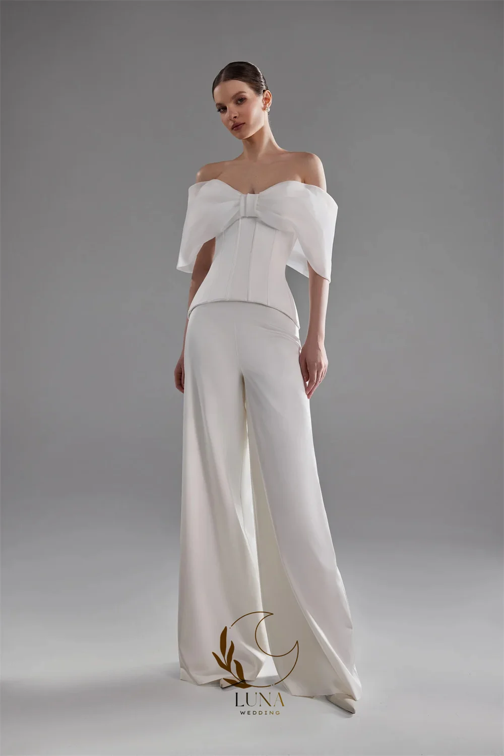 Luna Customized Off the Shoulder Wedding Jumpsuit Bow Floor-Length Formal Bridal Gown After Wedding Outfit Evening Gown