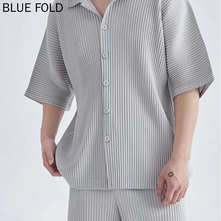 Miyake Pleated Shirt for Men, Short-Sleeved Cardigan, Thin Loose Casual Jacket, Youth Japanese Style Shirts, PLEATS, Summer