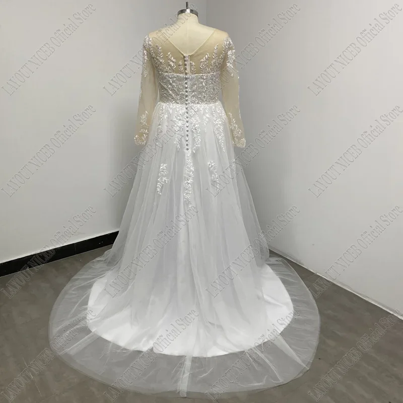 LAYOUT NICEB Vintage Long Sleeve Wedding Dress Lace Appliques Robe De Mariée Illusion Back With Button Custom Made Sweep Train