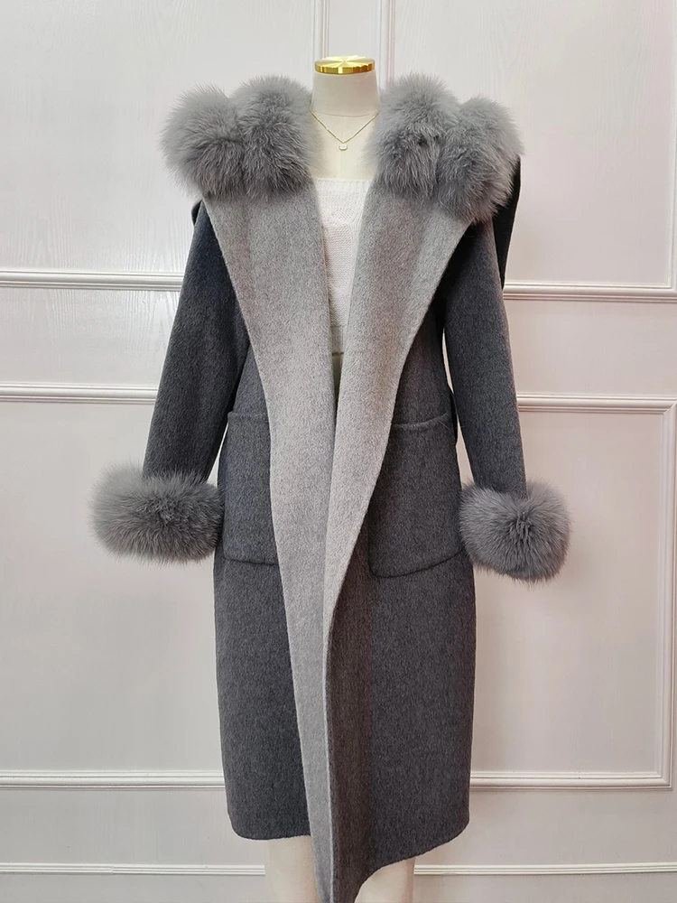 Veste en laine de cachemire d'hiver pour femmes, manteau à col en fourrure de renard naturel véritable, vêtements d'extérieur pour femmes, manteau de luxe, nouveau, 2024