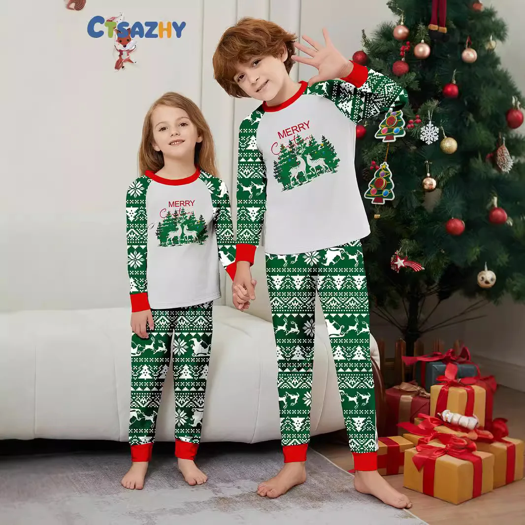 

Christmas parent-child clothing, green printed long-sleeved pajama sets, adult and children's sets and baby jumpsuits