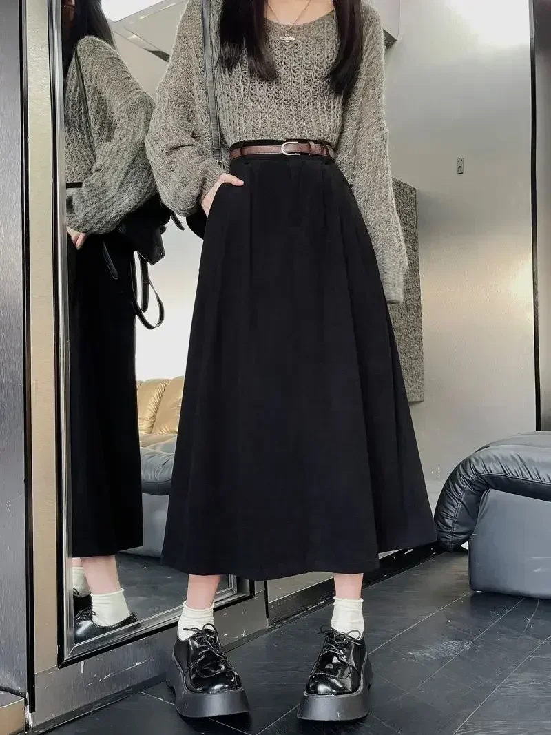 Retro Brown Corduroy Skirt Women\'s Autumn Winter 2024 New Fashion High Waist Mid-Length A-Line Skirts Japanese Vintage Clothes