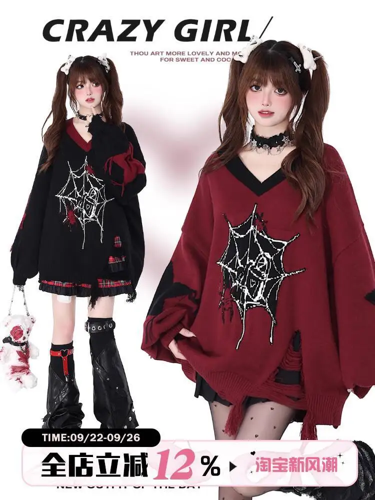 

Gothic Punk Women Sweater 2025 Autumn Winter Black Red Subculture Original V Neck Loose Knitting Sweater For Women