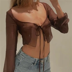 Women Sexy See Through Shirt Long Sleeve Sheer Mesh Off Shoulder Pleated Cardigan Fairy Grunge Tops Streetwear