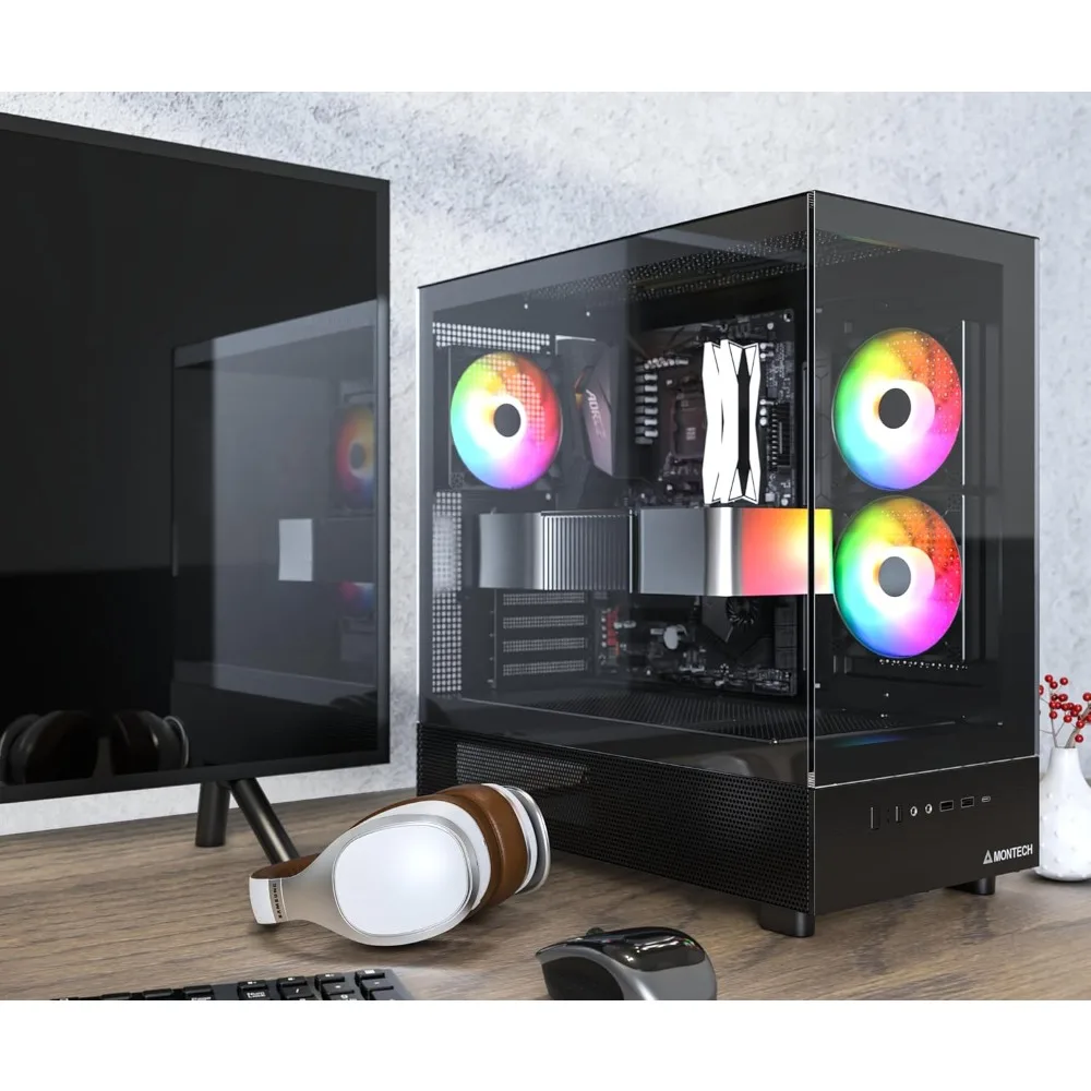 

ATX Mid-Tower PC Gaming Case, 3 x 120mm ARGB PWM Fans Pre-Installed, Full-View Dual Tempered Glass Panel