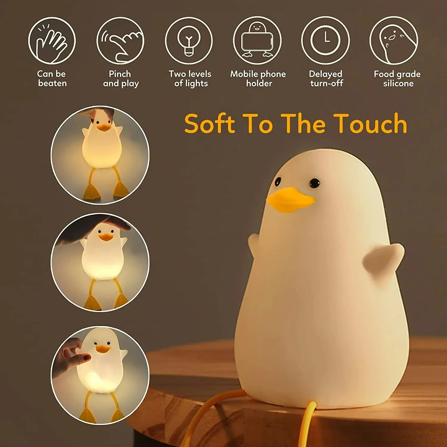 

LED Cute Cartoon Duck Silicone Night Light with Holder USB Rechargeable Touch Sensor Timing Bedroom Bedside Lamp Birthday Gifts