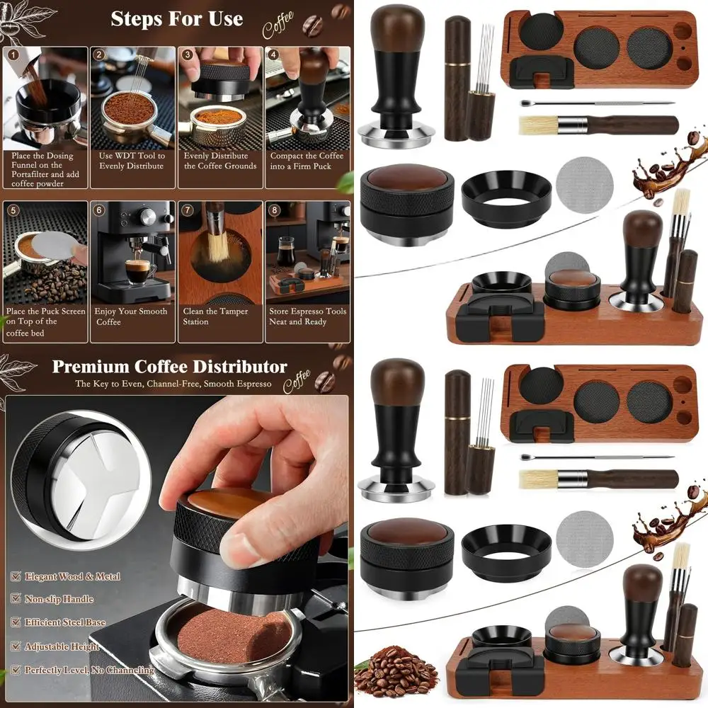 

Полный набор аксессуаров для эспрессо из 8 предметов, 51 мм: тампер, распределитель, мешалка, экран и воронка