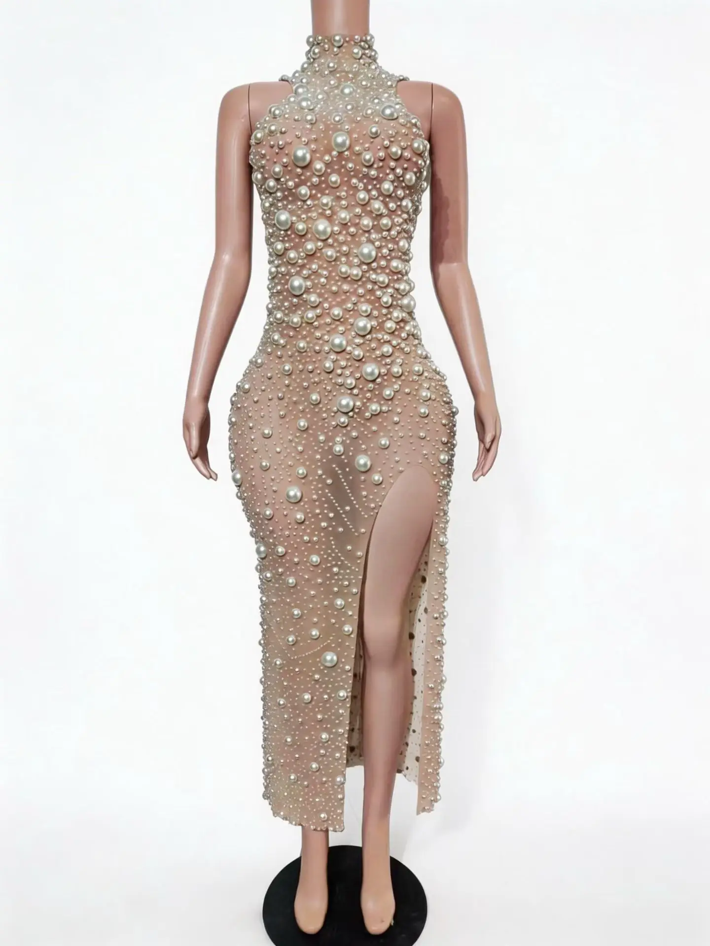 Elegant Luxury High-end Pearls Dresses Sexy Women Mesh Birthday Party Evening Gown Gala Red Carpet Formal See Through Mesh Dress view 3