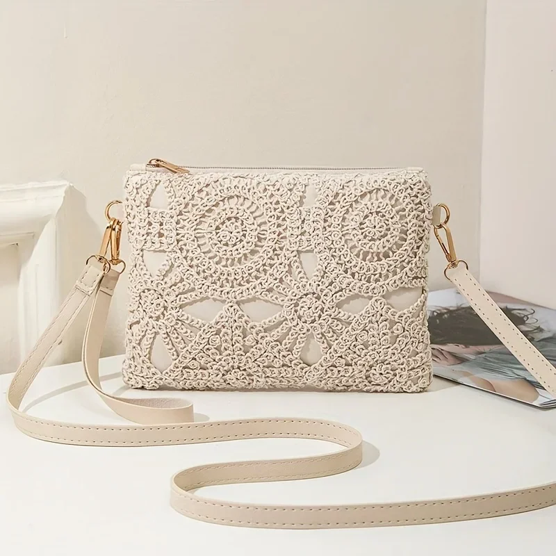 Luxuriöse, ausgehöhlte Blumen-Häkeltasche, schicke Strohtasche mit Reißverschluss, Clutch-Tasche mit verstellbarem Riemen, tägliche Damen-Umhängetasche – Detail 1
