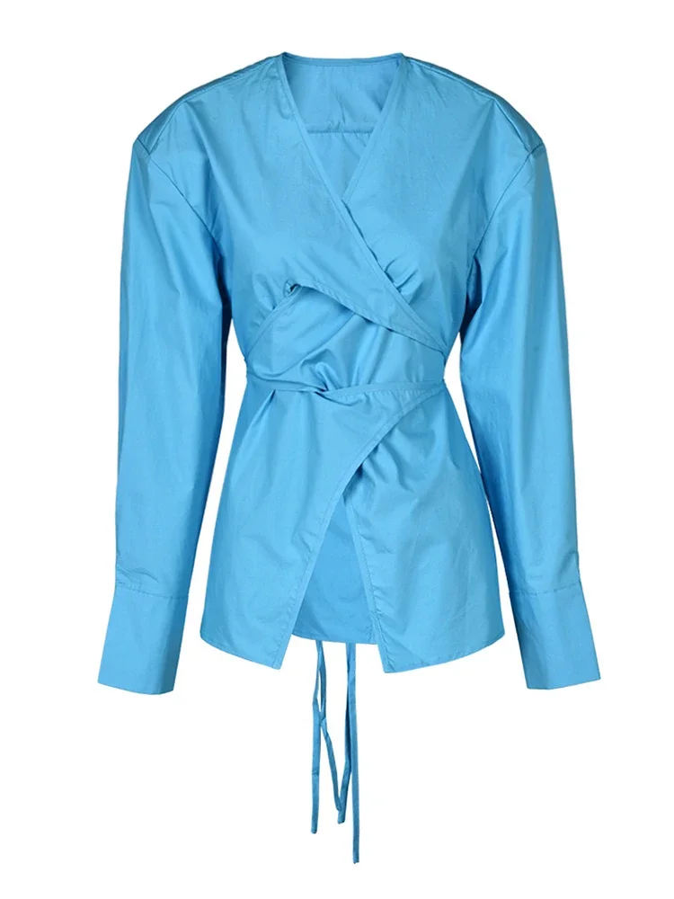 ZOZO Irregular Crisscross Blouses Women V Neck Long Sleeve Patchwork Lace Up Solid Casual Slim Shirt Female Fashion New Style