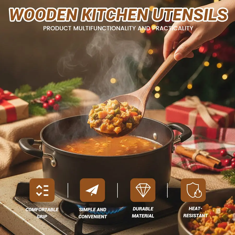 

Premium 5-Piece Bamboo/Wooden Kitchen Utensil Set - Heat Resistant, Non-Scratch Spatula Spoon for Nonstick Cookware Cooking Tool