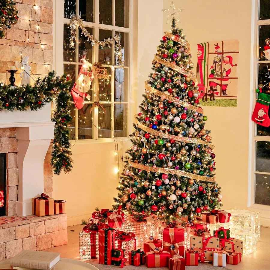 شجرة عيد الميلاد الاصطناعية مسبقة 7.5 قدم مع 350 أضواء بيضاء دافئة 1446 نصائح فرع حامل معدني فروع مفصلية للمعيشة المنزلية