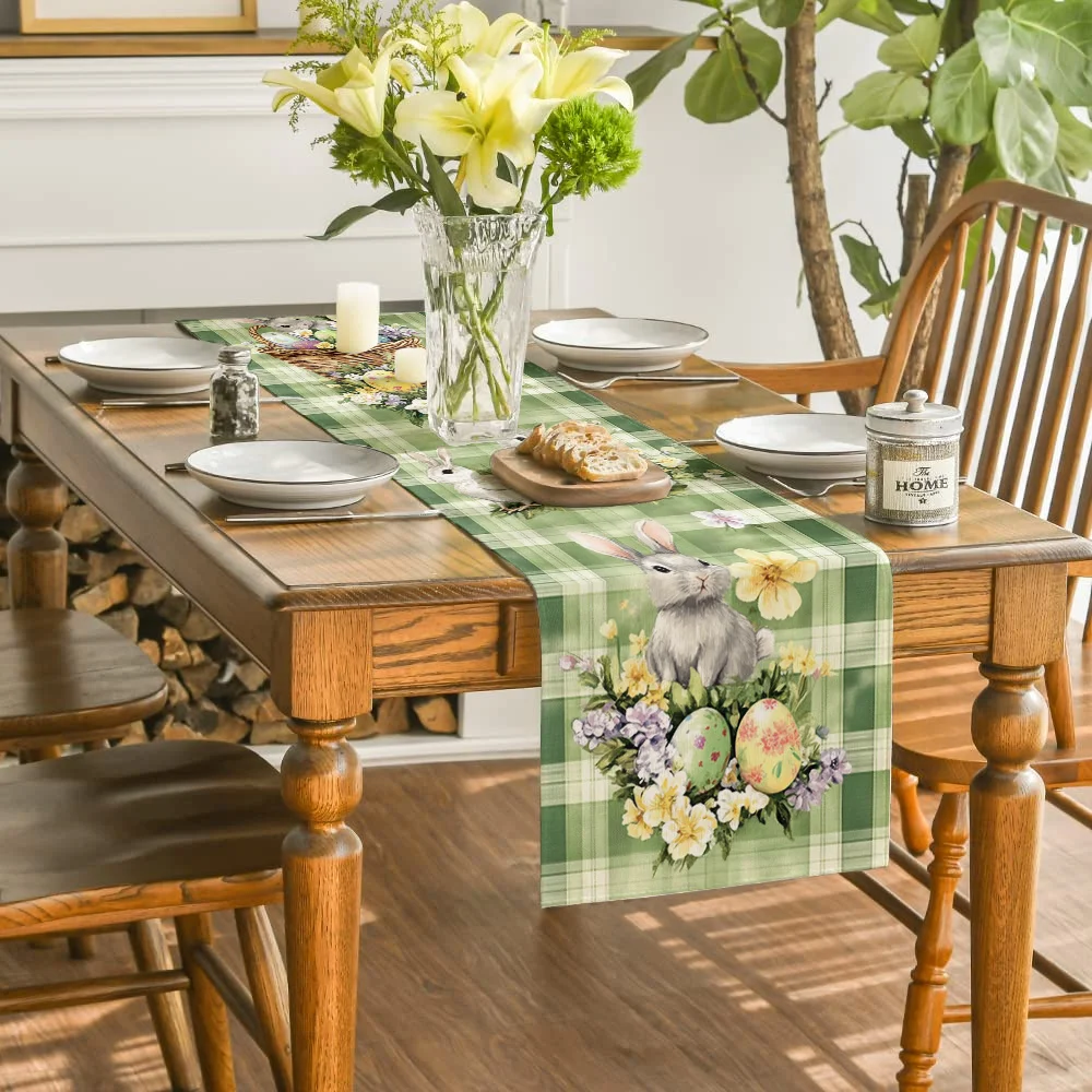1Pc Easter Green Plaid Bunny Egg Table Runner Pastoral Style Dining Table Decoration Long Cloth Home Dining Table Cover