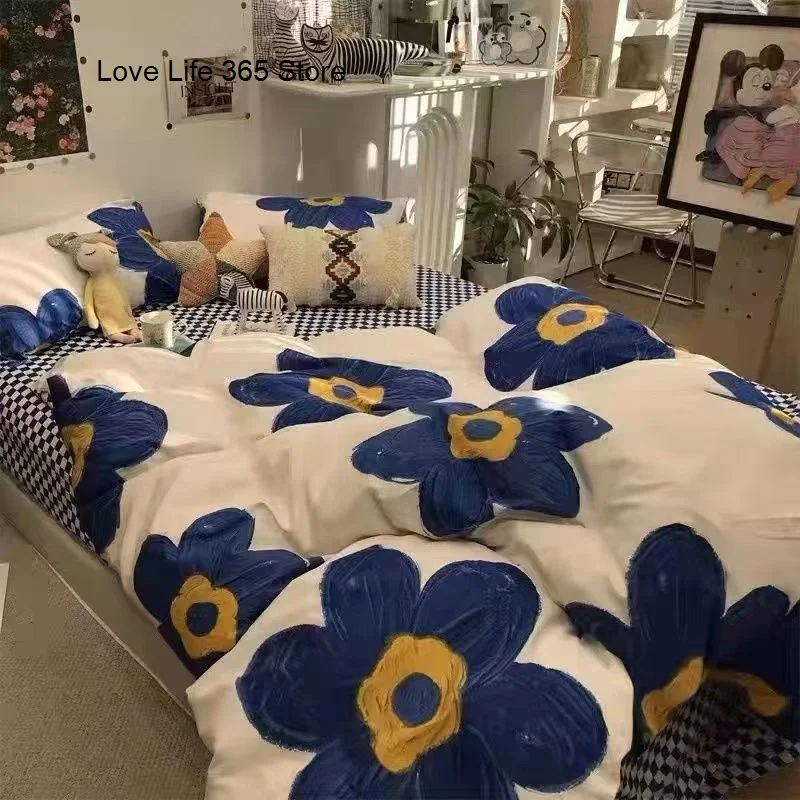 

Blue Flower Bedding Set INS Soft Home Textile Twin Queen Size Polyester Flat Bed Sheet Quilt Cover Pillowcases Duvet Cover