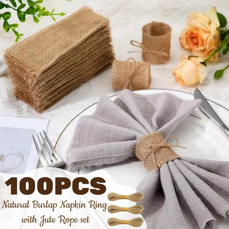 100pcs Natural Burlap Napkin Ring with Jute Rope Set Disposable Napkin Band Bulk Table Decor Wedding Dinner Country Party Decor