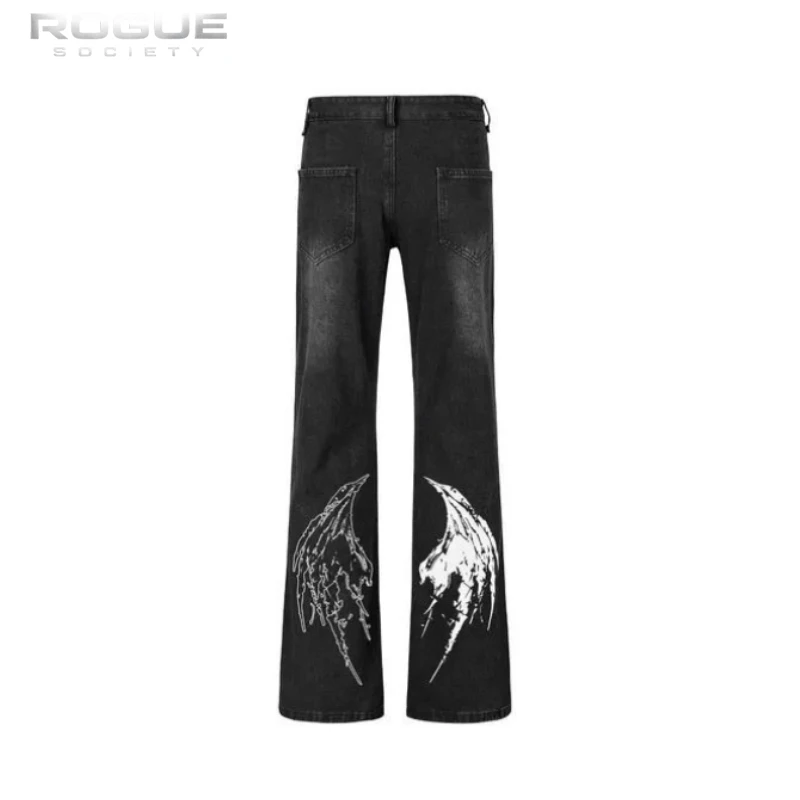 

Gothic Streetwear Angel Wing Print Men Jeans High Waist Flare Denim Pants Gothic Y2K Aesthetic Casual Harajuku Trousers Unisex
