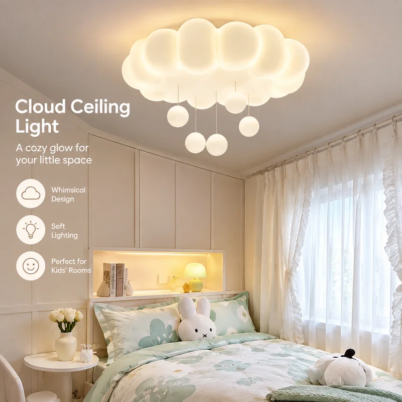 Ceiling Light Eye-Care Cream Cloud Bubble Pendant Lamp, Warm LED Bedroom Fixture for Kids and Ladies, Princess Decor Chandelier