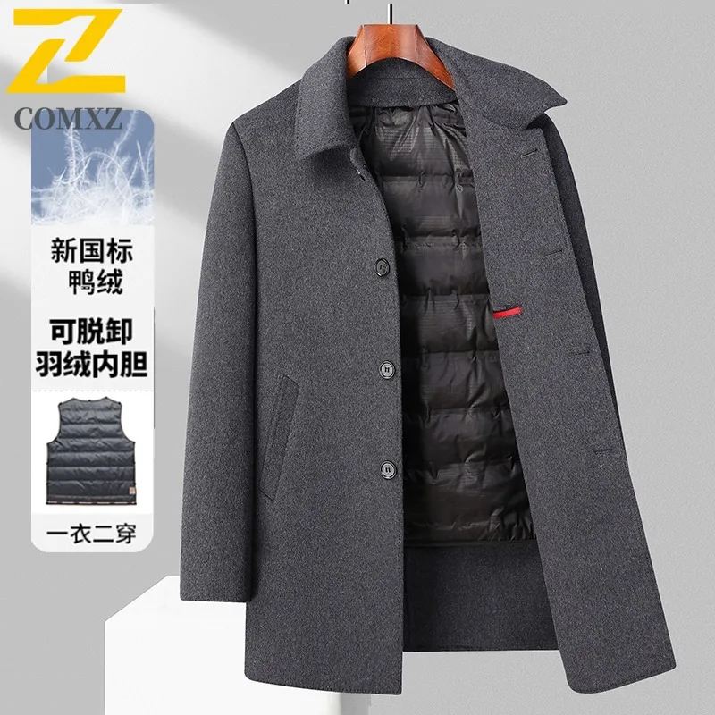 COMXZ Men Long Sleeve Windbreaker Thicken Business Casual MidLength duck down Coat Outdoor Tactic Fleece Lining Sportwear 2025