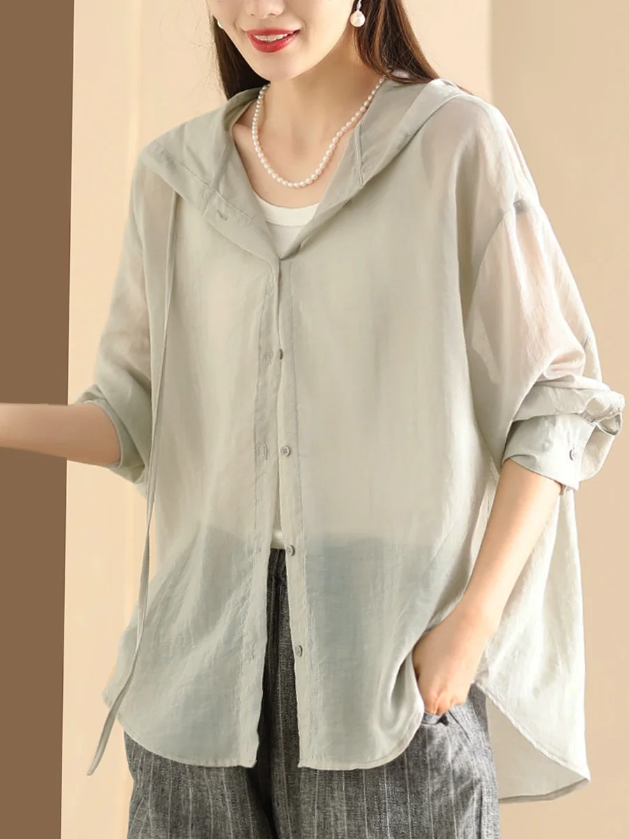 

Льняной тонкий кардиган с капюшоном и длинными рукавами, однотонный, для кондиционированных помещений, верхняя одежда для женщин, для поездок на работу, в стиле кэжуал.