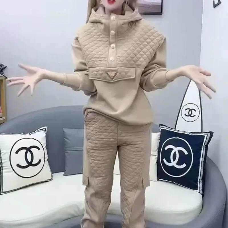 2025 Spring Autumn Two-piece Sets Thick Warm Contrasting Color Hooded Down Cotton Coat + Pants Suits Women's All-match Warm Suit