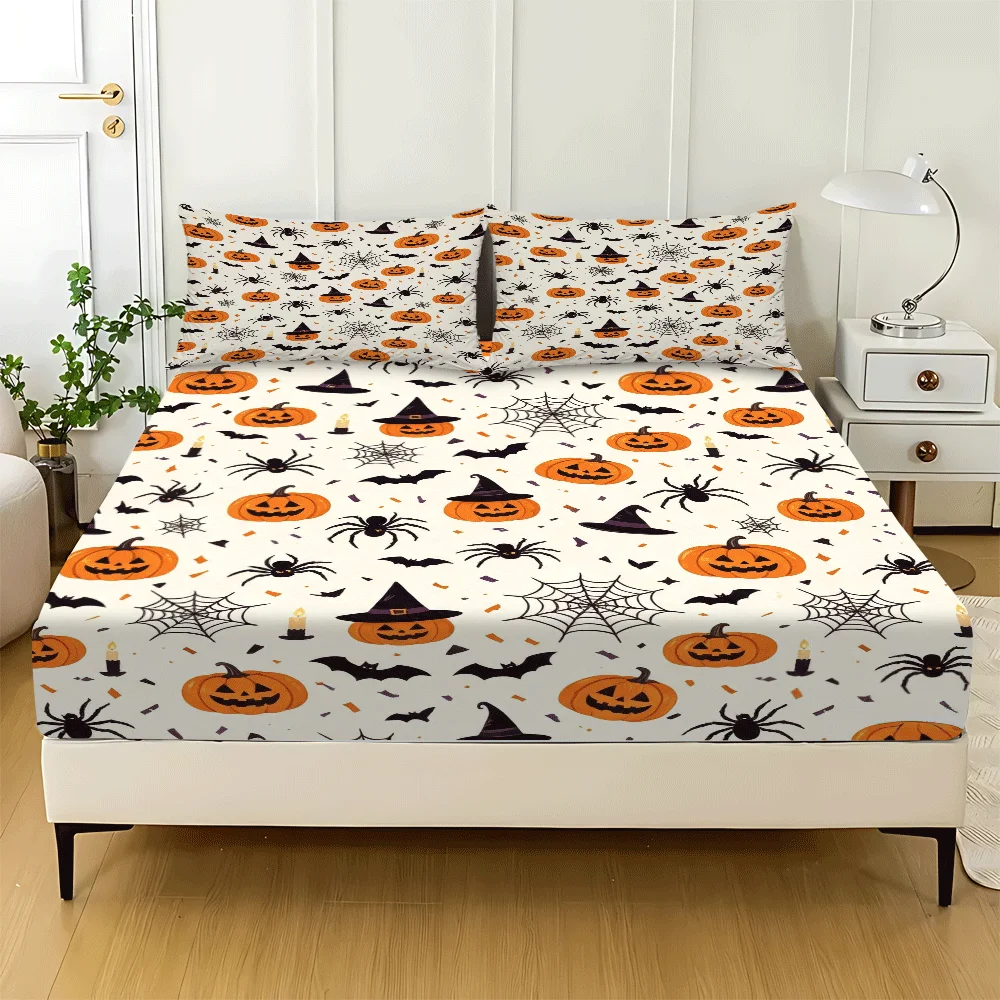 Halloween Elastic Mattress Protector, 1 Fitted Sheet + 2 Pillowcases (Without Filling) 2D Flat Printing, Mattress Protector Fitted Sheet Cover, Mattress Cover, Elastic Fitted Sheet Cover King/Twin/Queen Size Three-Piece Comfortable Decorative 2D Printed Bedding Set, Includes Deep Pocket Fitted Sheet and Two Pillowcases, Does Not Include Pillow Inserts, Machine Washable