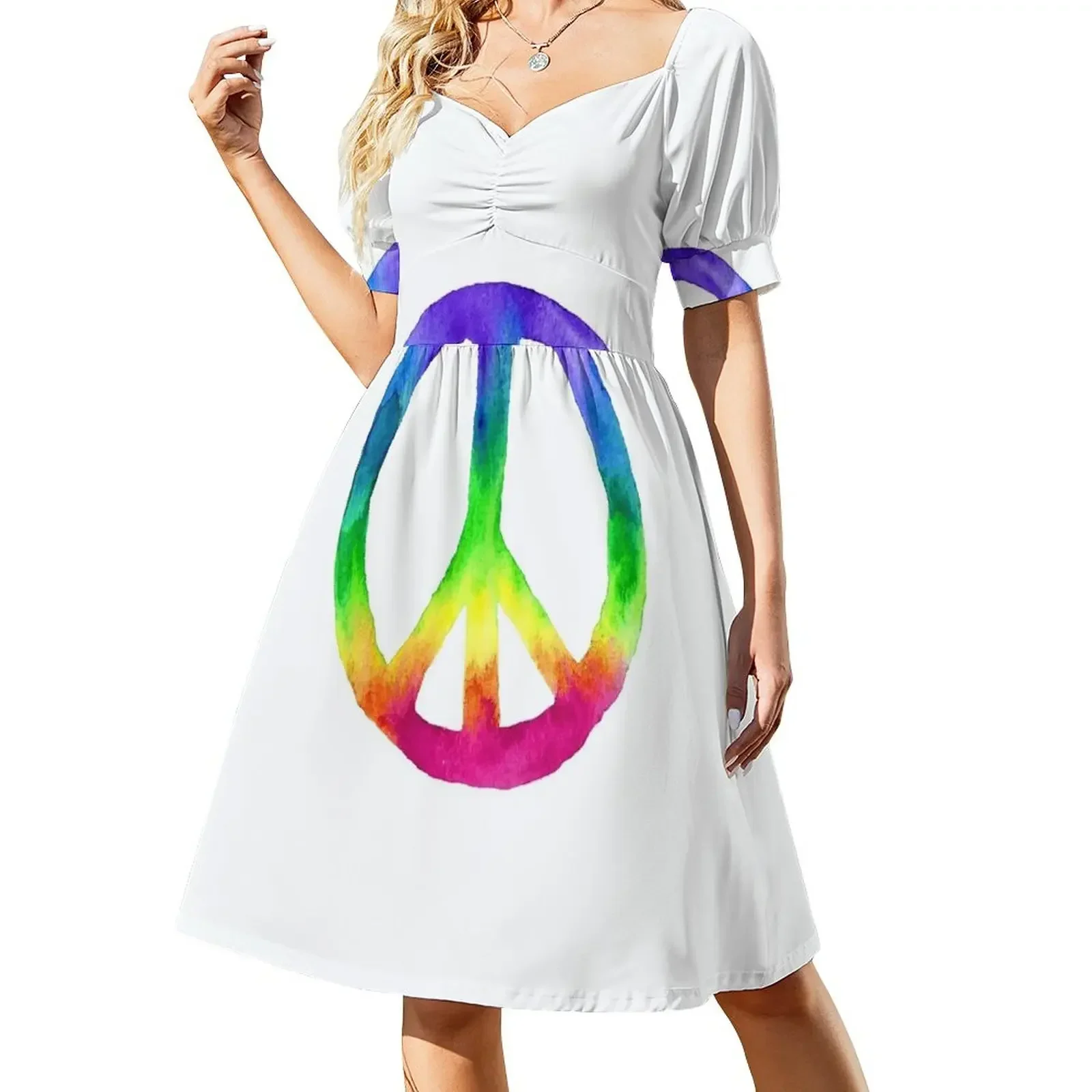 

Watercolor Rainbow Tie Dye Peace Sign Short-Sleeved Dress chic and elegant evening dress women's summer dresses 2025