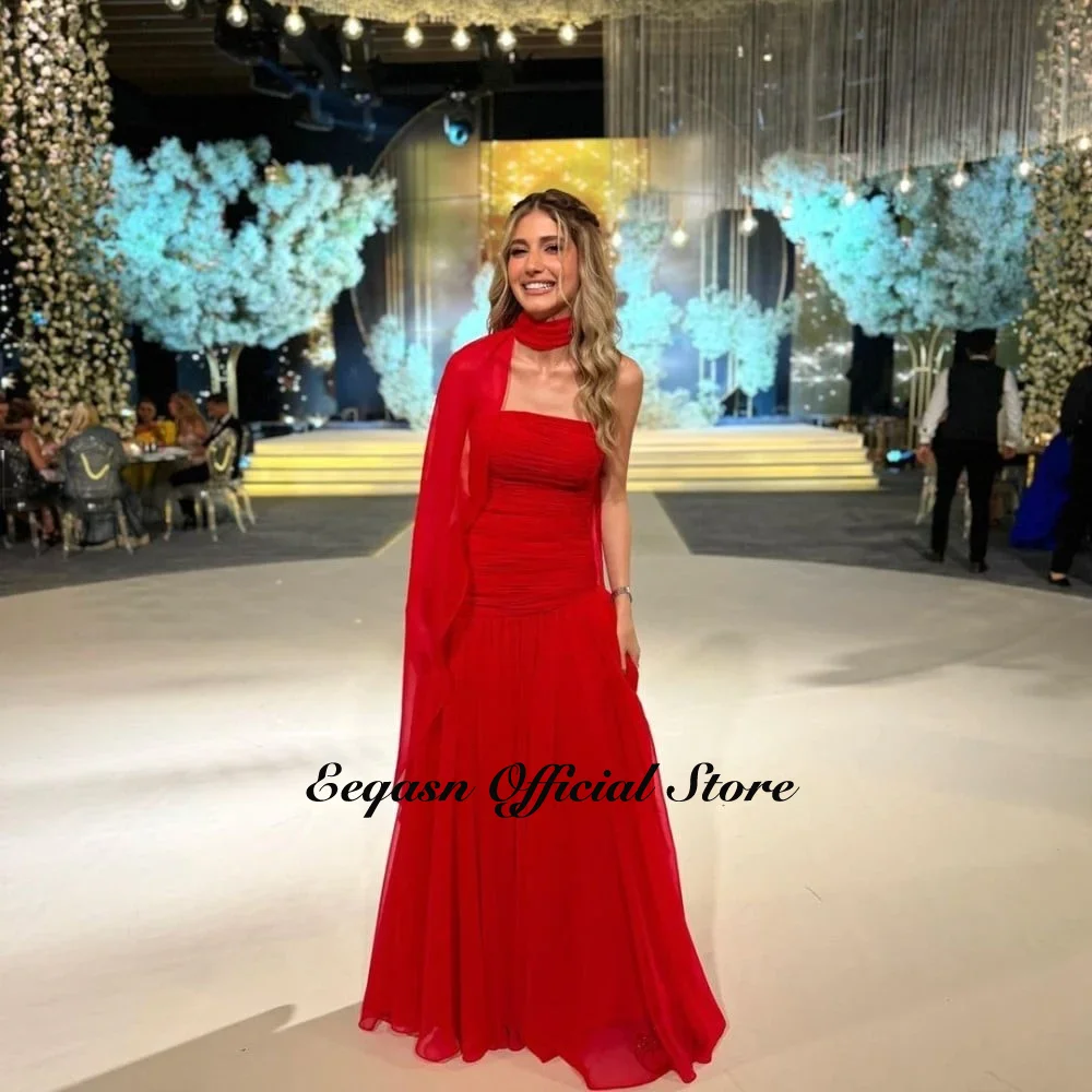 Arabic Red Chiffon Evening Dresses Strapless Shawl Long Prom Gowns Formal Occasion Party Dress Luxury Vestidos Customized