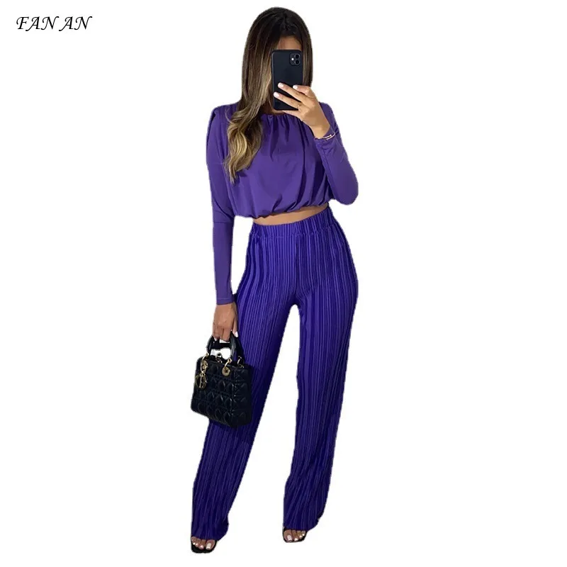 New Women's 2024 Autumn Crew-neck Short Long-sleeved Base Shirt Pleated High-waisted Casual Pants Two-piece Women's Suit