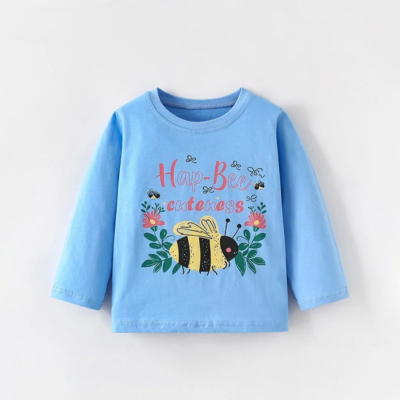 Spring Baby Girls Solid Cotton Clothes Kid Casual Animal Honeybee Printed Full Sleeve T-shirts Children Fashion Pullover Top