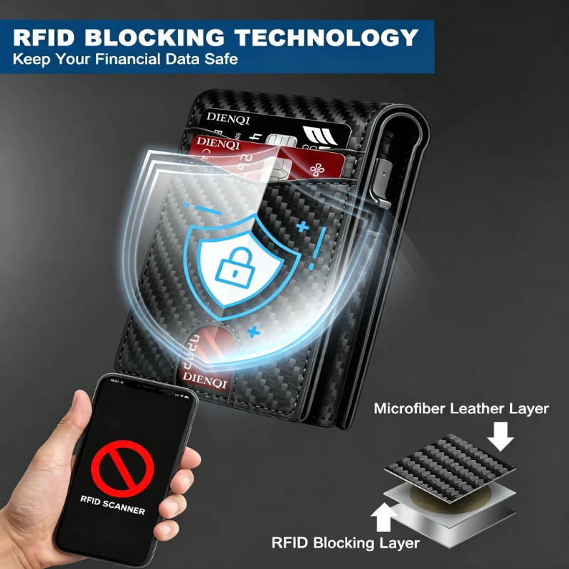 Herren RFID-blockierende Geldbörse, schlanke Pop-up-Kreditkartenhülle, Business-Geldbörse mit Carbonfaser-Muster, minimalistische Kartenbörse für Herren – Detail 6
