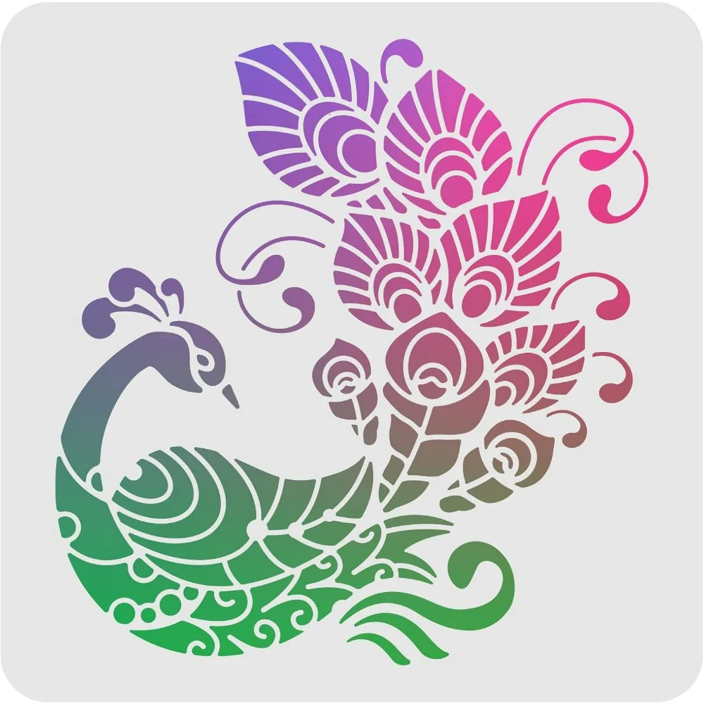 Peacock Drawing Painting Stencils Template 11.8x11.8inch Plastic Stencils Decoration Square Reusable Stencils for Painting